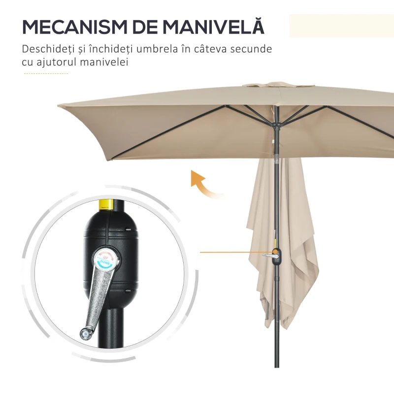 Outsunny Umbrelă de Grădină Înclinabilă cu Manivelă și 6 Spiţe, 2x3 m, Gri Închis