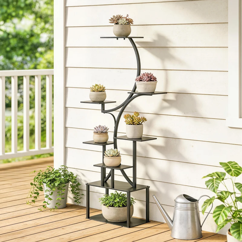 Outsunny Suport pentru Plante cu 8 Niveluri în Formă de S, Suport Ghivece din Metal pentru Interior și Exterior, pentru Grădină, Balcon, Terasă, Cameră de Zi, 74x26x158.5 cm, Negru