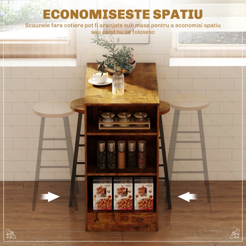 HOMCOM Set de masă cu bar cu 3 rafturi și 2 scaune înalte cu suport pentru picioare, stil industrial, maro