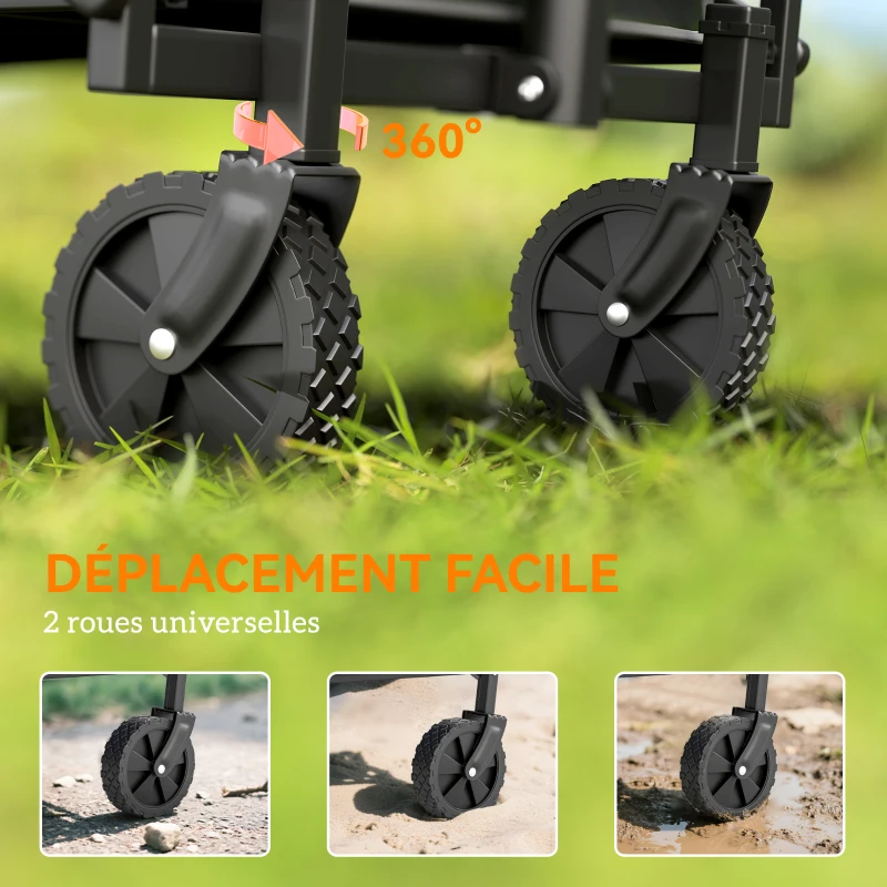 Outsunny Chariot de jardin chariot de transport à roulettes avec poignée réglable, avec sacs de transport 64 x 40 x 60-84 cm noir