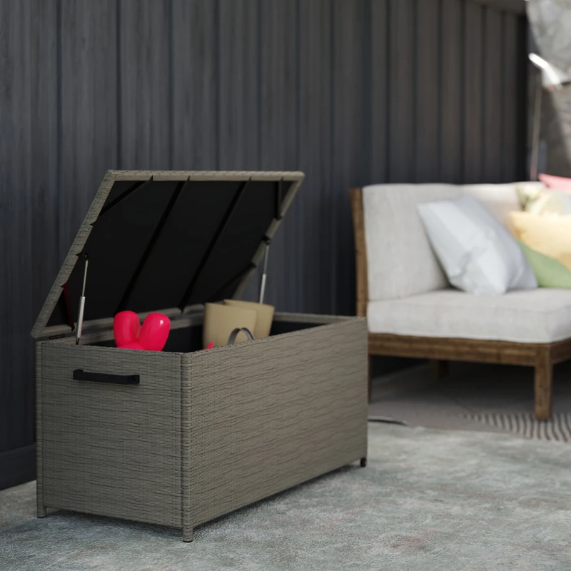 Outsunny Coffre de jardin en résine tressée coffre de rangement extérieur 184 L vérins à gaz, résistant aux UV 102x52x52cm gris