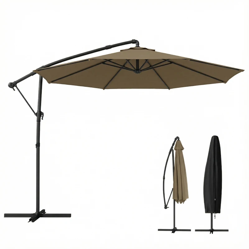 Outsunny Parasol déporté rond 3 m, parasol de jardin inclinable avec housse de protection, polyester protection UV UPF50+, kaki
