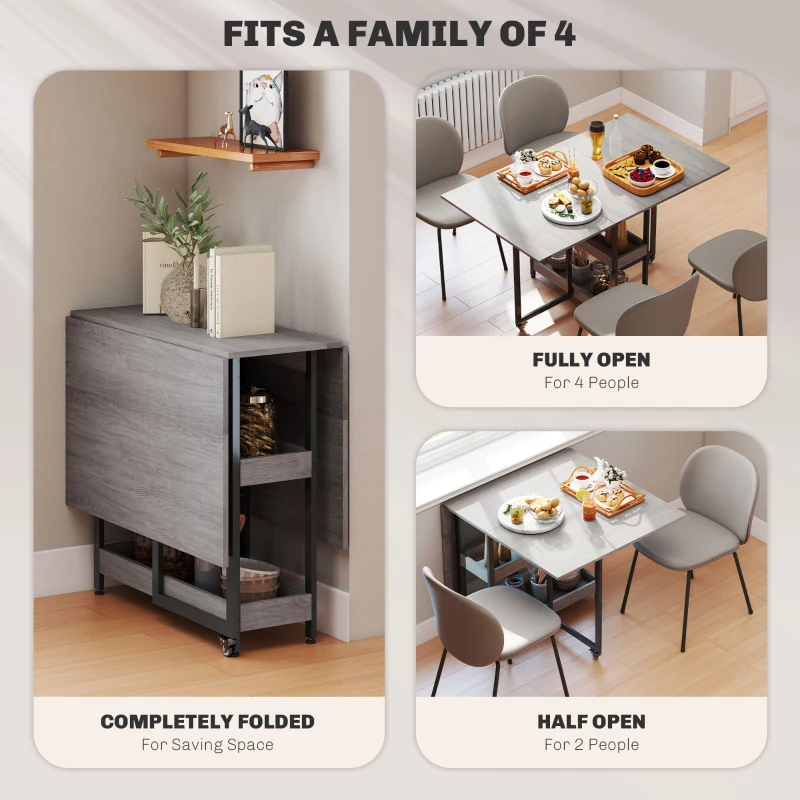 HOMCOM Industrial Folding Dining Table, Drop Leaf Table with Open Compartments for Small Spaces, Kitchen, Dining Room, Grey Wood-Effect