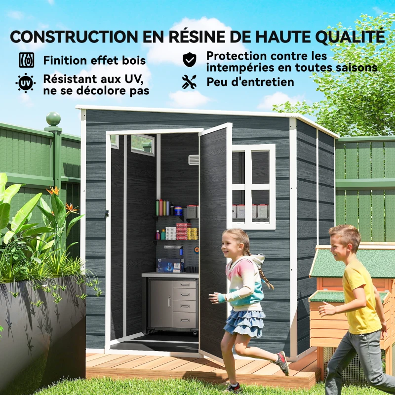 Outsunny Abri de Jardin Cabanon de Stockage Plancher Structure Aluminium 3 Fenêtres 2 Aérations 182x182x183cm Gris Effet Bois