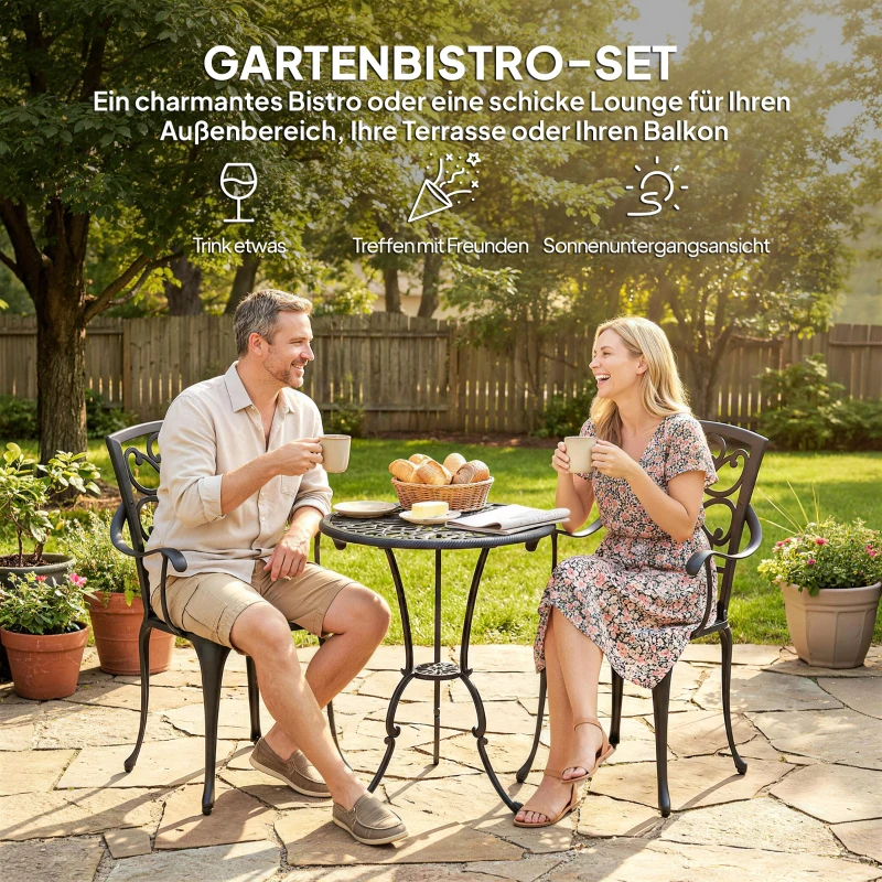 Outsunny 3-teiliges Garten Bistro Set runder Bistrotisch mit 2 Stühlen Sonnenschirmloch, Antik aus Aluminiumguss