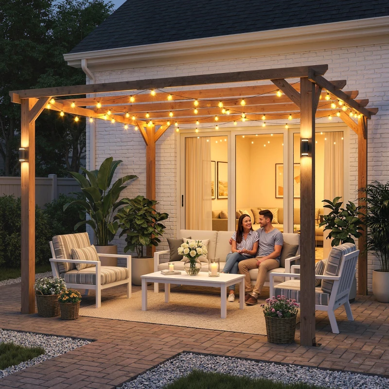 Outsunny Pergolă Gazebo 3x3 m din Lemn de Brad, Pergolă pentru Grădină cu Suporturi Triunghiulare și 5 Grinzi pentru Plante Cățărătoare, Pergolă din Lemn pentru Exterior, Patio, Terasă, Aspect Lemn de Arțar