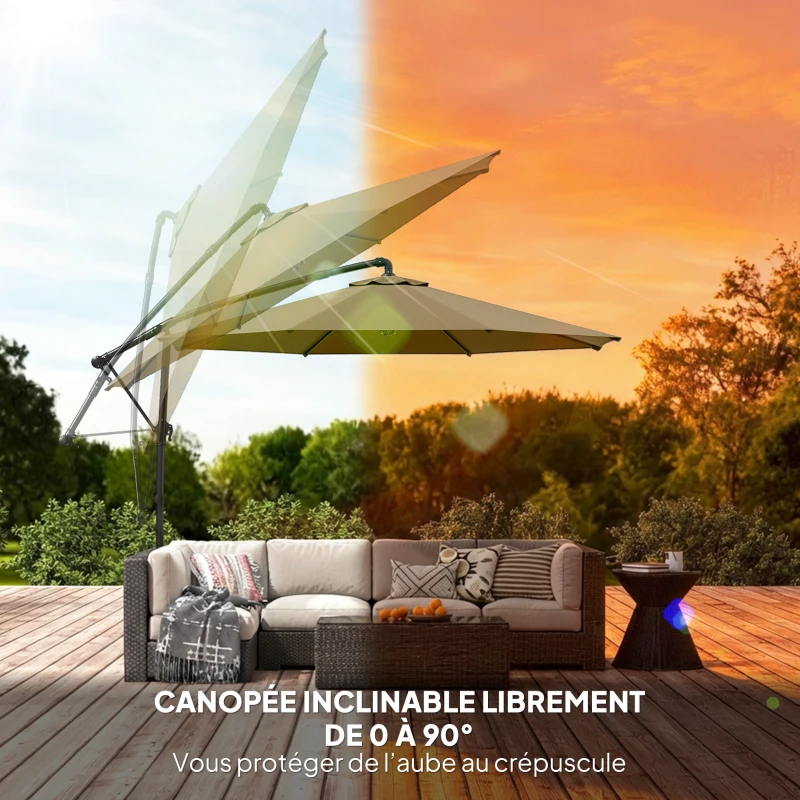 Outsunny Parasol déporté rond 3 m, parasol de jardin inclinable avec housse de protection, polyester protection UV UPF50+, kaki