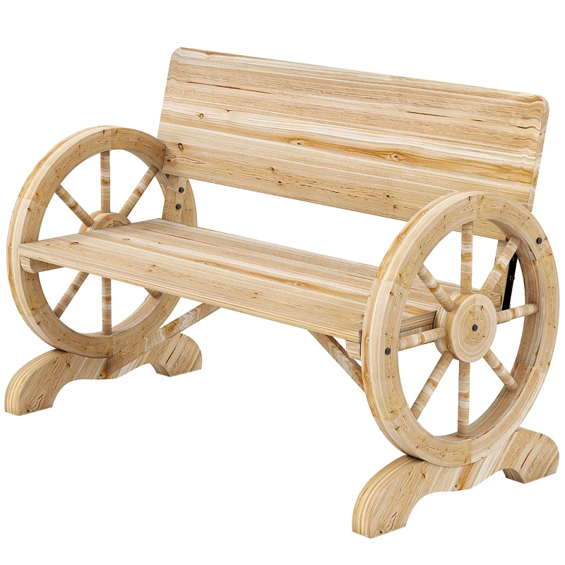 Outsunny Fir Wood 2-Seater Outdoor Garden Wagon Wheel Bench, Natural Wood Finish