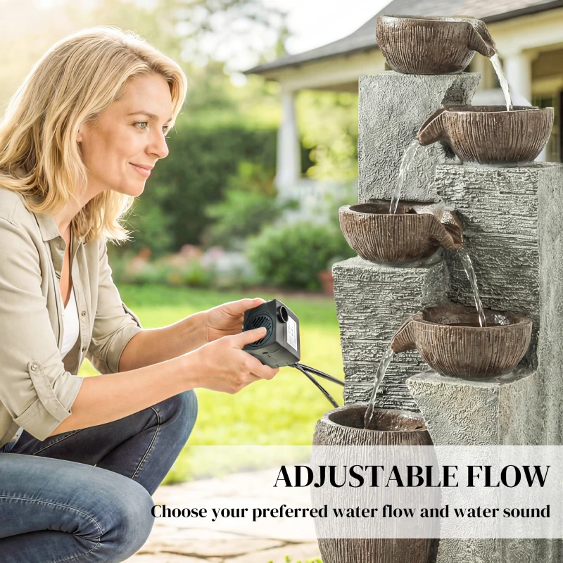 Outsunny Outdoor Fountain with 5-Tier, Garden Fountain with LED Lights, Adjustable Flow, Grey and Rustic Brown