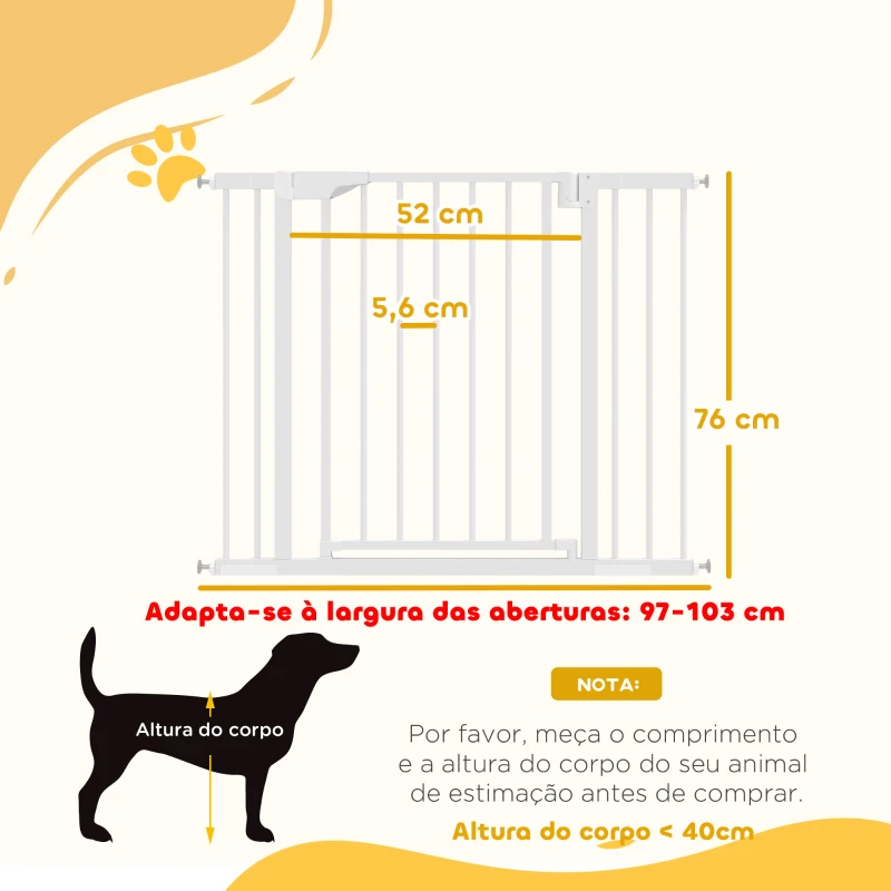 PawHut Barreira de Segurança para Crianças e Cães Largura 76-103 cm Bloqueio Duplo Fecho Automático Abertura em Dois Sentidos e Extensões de 7/14 cm Branco