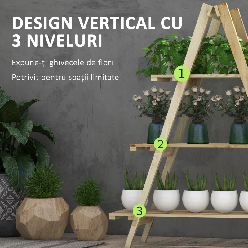 Outsunny Suport Vertical pentru Plante cu 3 Nivele din Lemn de Brad, 100x36x112 cm, Culoare Lemn Natural