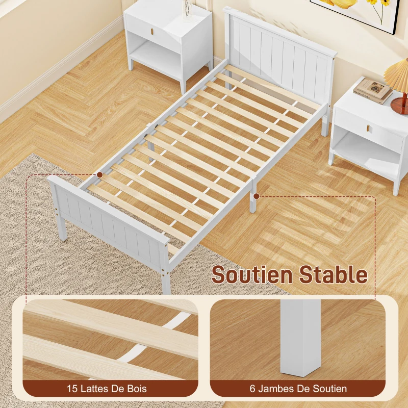 HOMCOM Cadre de lit 90 x 200 cm, lit simple en bois massif avec sommier à lattes tête et pied inclus, assemblage facile, blanc