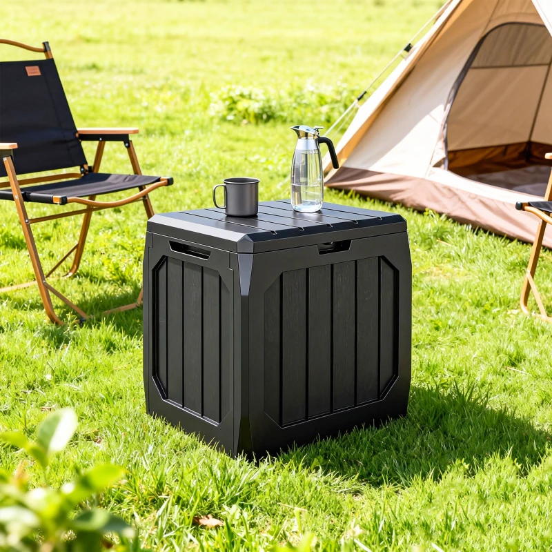 Outsunny Ladă de Depozitare Grădină 121L din Plastic, Cutie de Exterior cu Mânere, Impermeabilă și Bloccabilă pentru Unelte și Accesorii, 56x45x53 cm, Negru