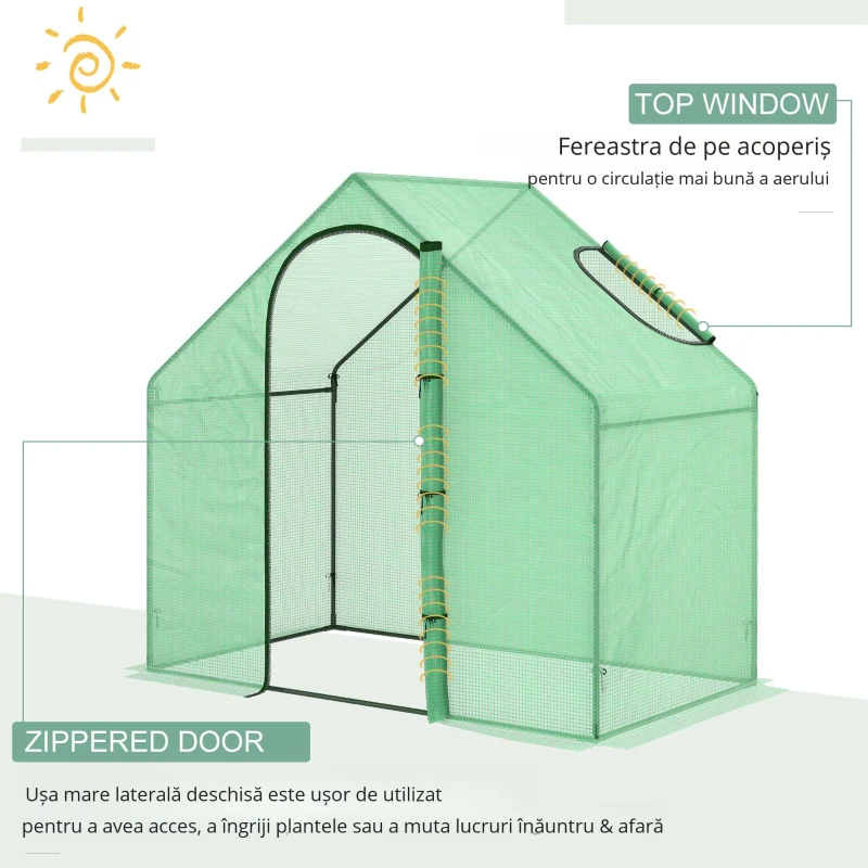 Outsunny Sera Cabina Portabila 6' x 3' x 6', Folie PE, Sera de Gradina cu Cadru de Otel, Usa cu Fermoar, Aerisire Superioara, pentru Flori, Legume, Puieti, Plante Tropicale, Verde