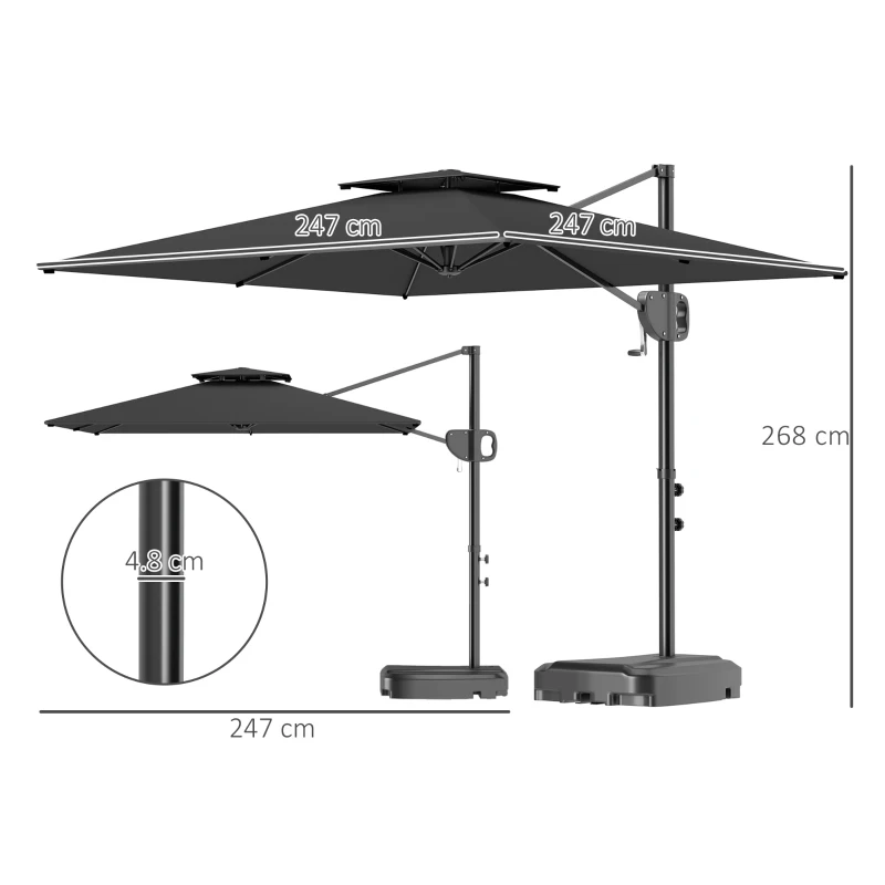 Outsunny Cantilever Parasol with Weighted Base Double Top Garden Parasol Square Hanging Patio Umbrella with Crank Tilt Dark Grey
