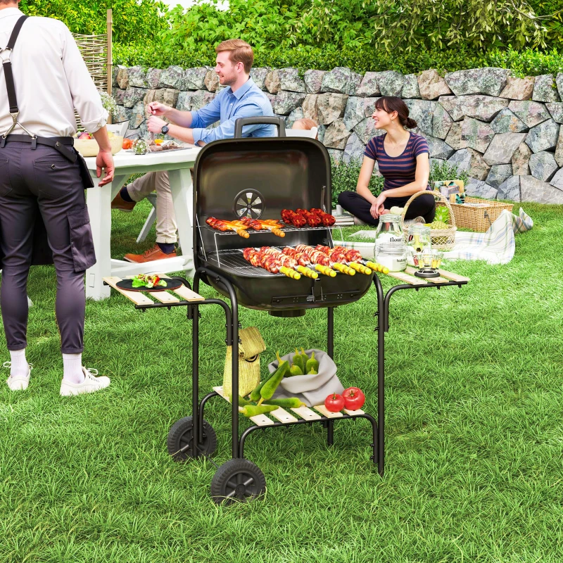Outsunny Barbecue charbon de bois chariot de cuisson avec surface de cuisson 1840 cm² avec couvercle, étagères et roues, noir