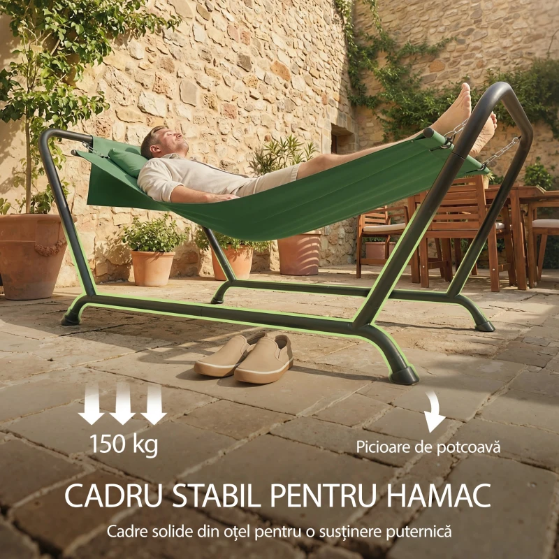 Outsunny Hamac de Exterior cu Suport, Hamac Autoportant cu Buzunar Lateral, Tetieră și Structură din Metal, Capacitate 150 kg pentru Grădină, Balcon, Terasă, 237 x 90 x 92 cm, Verde Întunecat