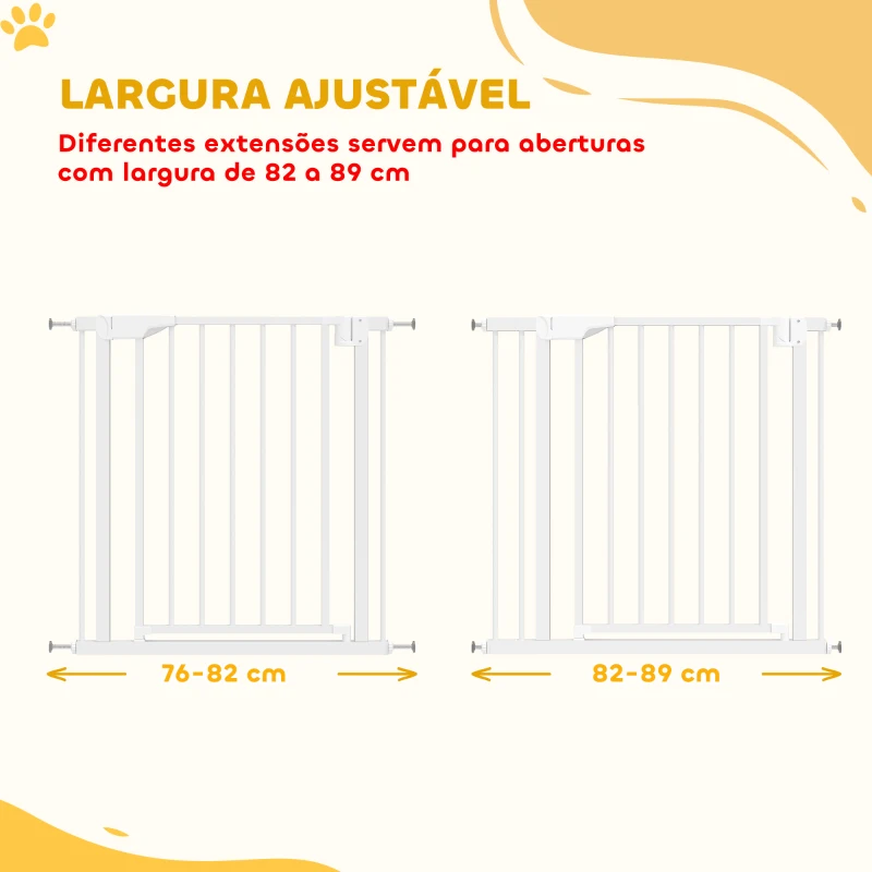 PawHut Barreira de Segurança para Crianças e Cães Largura 76-89 cm Bloqueio Duplo Fecho Automático Abertura em Dois Sentidos e Extensão de 7 cm Branco