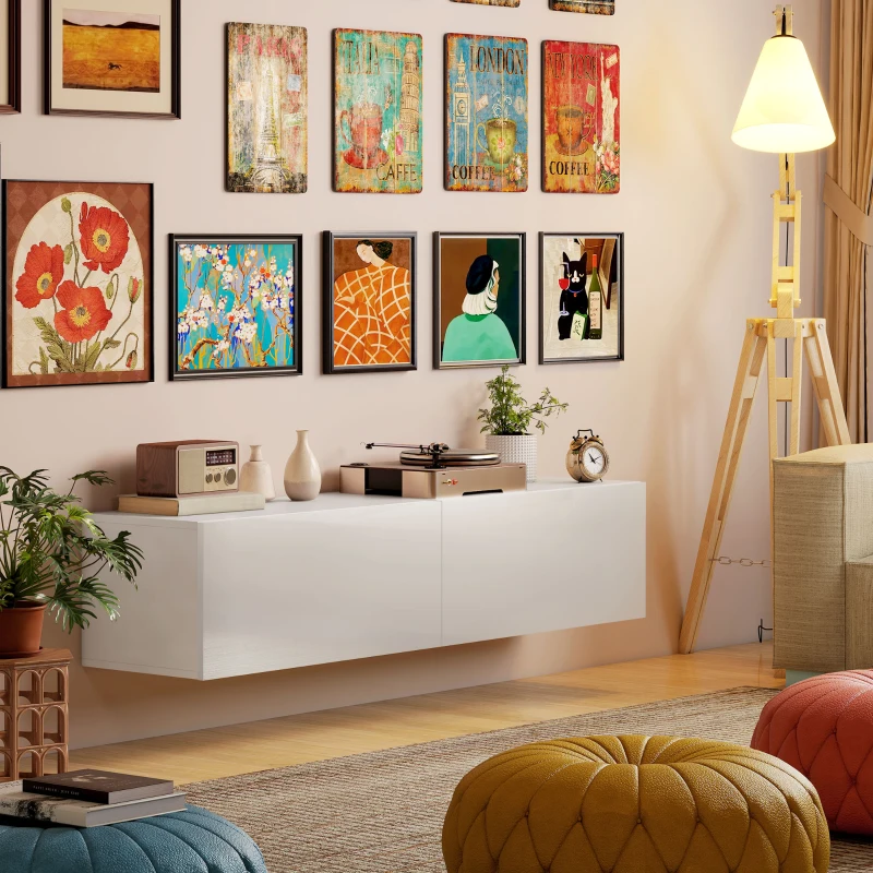 HOMCOM Mobile TV Sospeso per Televisori da 45"-55"-65" con 2 Armadietti e Ante a Ribalta, 140x33x29.8 cm, Bianco