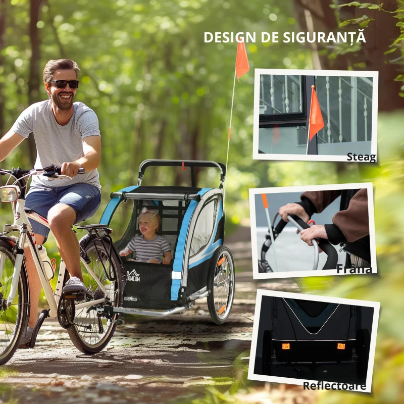 HOMCOM Remorcă Bicicletă pentru Copii, Design 2 în 1 cu Frână și Centură de Siguranță, 142x75x101 cm, Albastru(m-5)