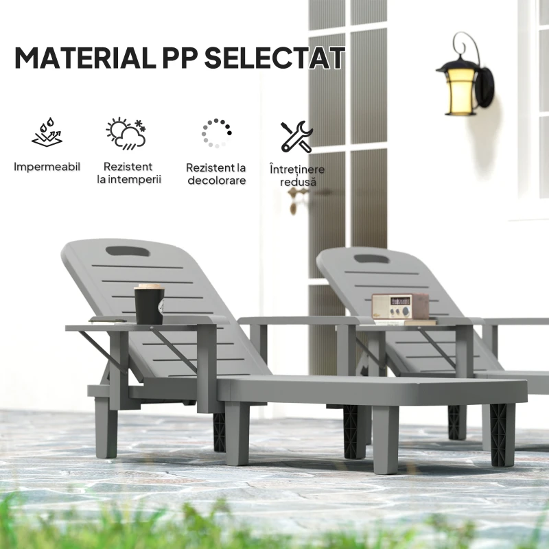 Outsunny Set 2 Șezlonguri cu Spătar Reglabil în 5 Poziții, Măsuță și Brațe Ergonomice, 79x158x88 cm, Gri