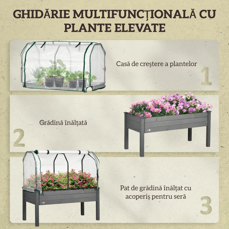 Outsunny Pat pentru Grădină Ridicat cu Acoperiș din PE, Jardinieră Ridicată din Brad cu 4 Găuri de Drenaj, pentru Flori și Legume, pentru Grădină, Balcon, 121x55x117 cm, Gri Închis