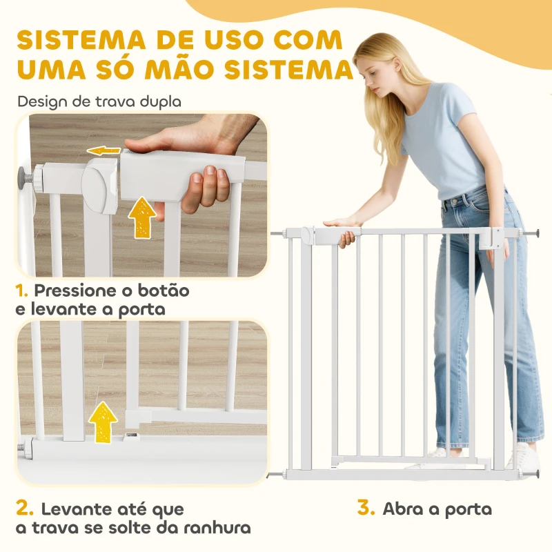 PawHut Barreira de Segurança para Crianças e Cães Largura 76-82 cm Duplo Fecho Automático Abertura em Dois Sentidos Branco