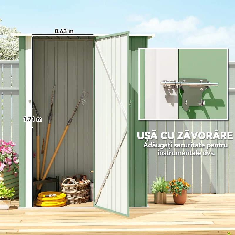 Outsunny Magazie pentru unelte din metal cu acoperiș înclinat și ușă cu încuietoare, 142x86x189 cm, verde deschis