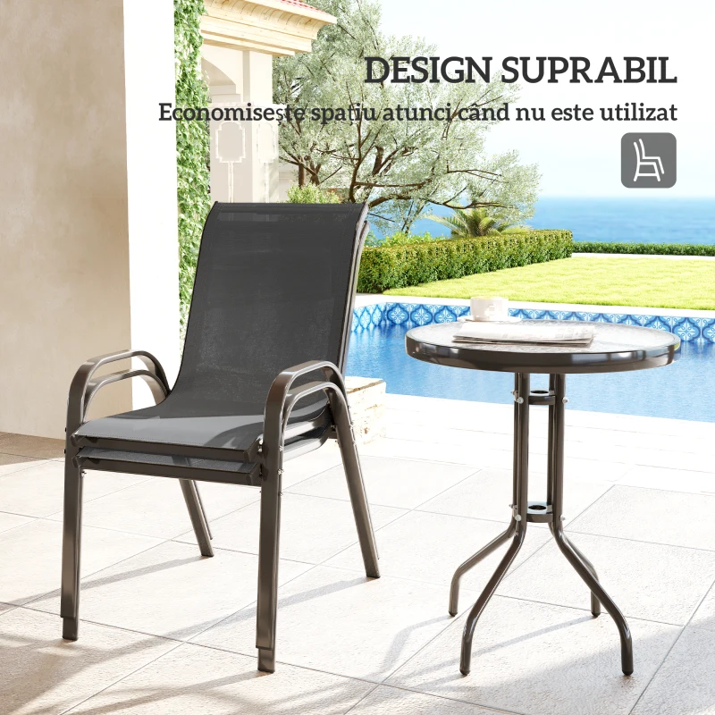 Outsunny Set Mobilier de Grădină din 3 Piese cu Scaune Suprapozabile și Masă din Sticlă, 54x71x93 cm, Gri Închis