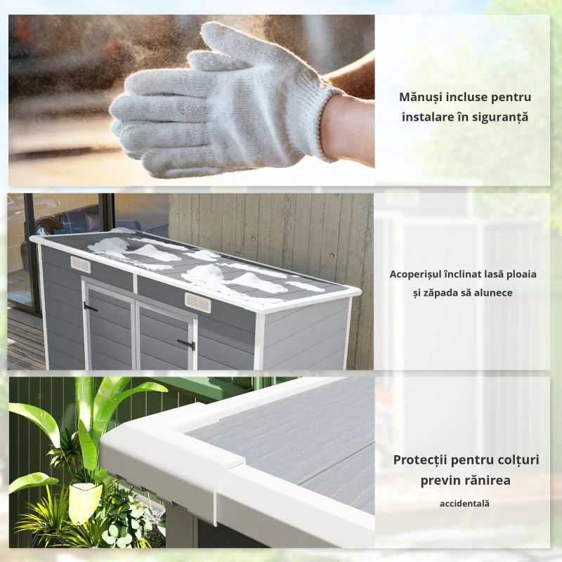 Outsunny Căsuță de Grădină din Rășină cu Podea, 2 Uși Blocabile, Fereastră, 2,4 x 1,3 m, Gri(m-4)