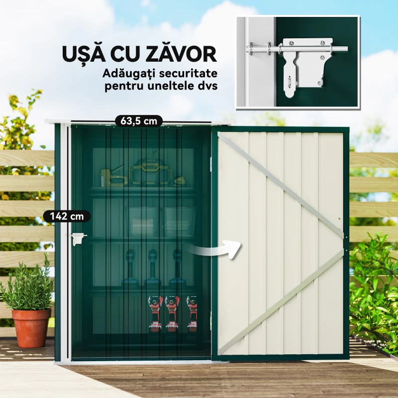 Outsunny Magazie de Grădină 0,92m² din Oțel Galvanizat, Depozit Unelte cu Ușă Blocabilă, Acoperiș Înclinat, 100x104x160 cm, Verde