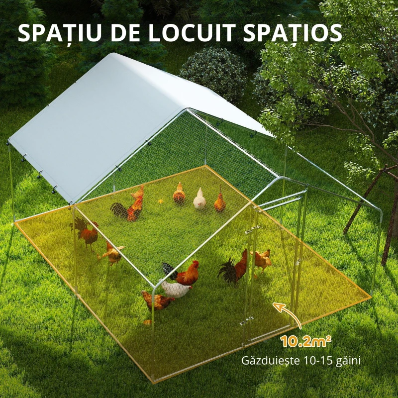 PawHut Țarc pentru Găini de 10,2 m² pentru 10-15 Găini cu Acoperiș Impermeabil, din Oțel și Țesătură, 3x3,4x1,9 m, Argintiu(m-6)