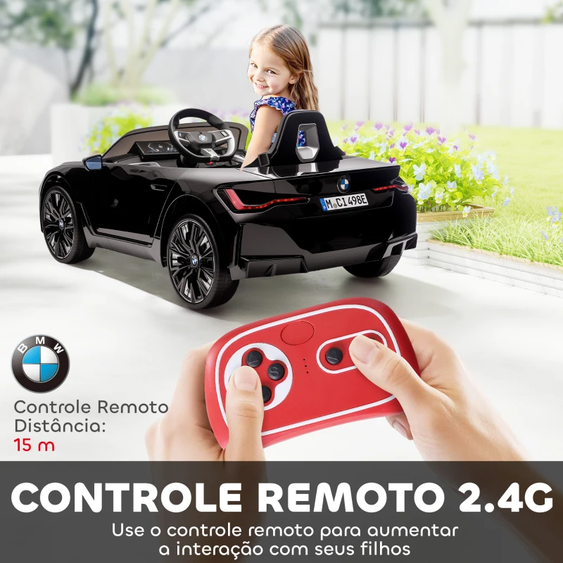 HOMCOM Carro Elétrico para Crianças BMW i4 12V com Controlo Remoto Música MP3 Ecrã Luzes e Cinto de Segurança 115x67x45 cm Preto