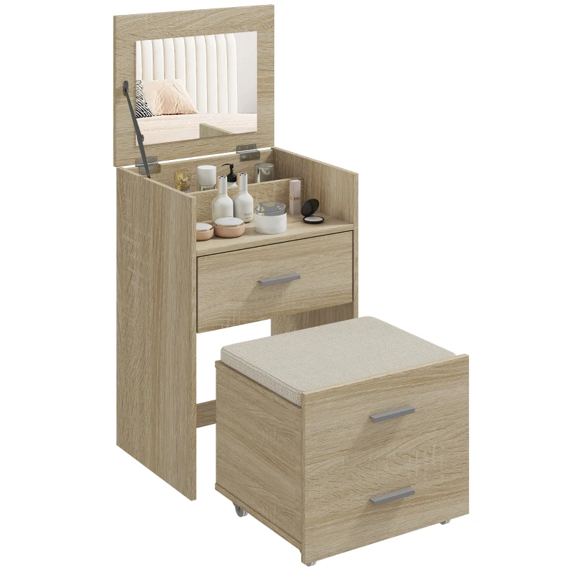 HOMCOM Postazione Trucco Toeletta con Specchio a Ribalta e Sgabello, Legno Naturale