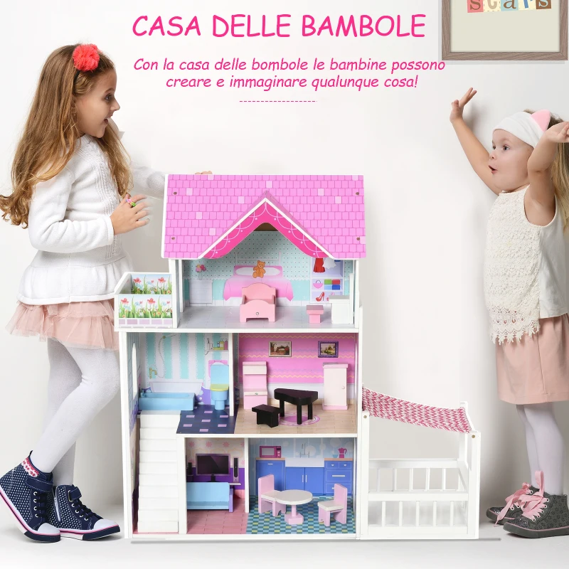 HOMCOM Casa delle Bambole in Legno, Casetta delle Bambole per Bambini a 3 Piani con 13 Accessori, Giocattolo per Bambini 3+ Anni