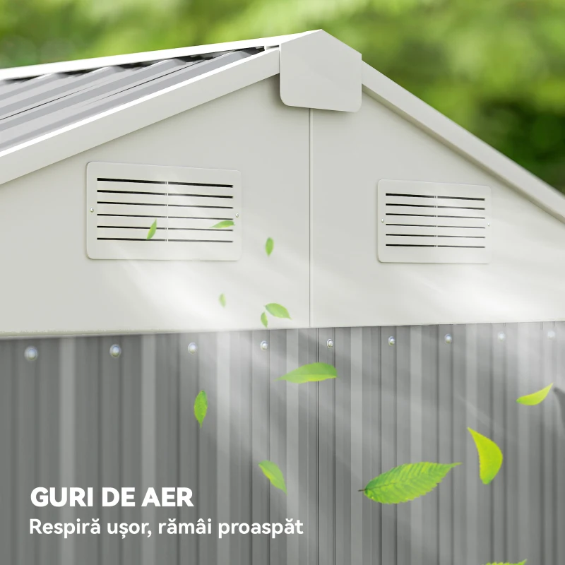 Outsunny Șopron de Grădină Înalt de 3.51m² din Oțel Galvanizat cu Orificii de Ventilație, Șopron de Grădină cu Ușă Blocabilă, Acoperiș Înclinat, Mănuși, Șopron pentru Unelte, 209x177x236 cm, Gri Argintiu