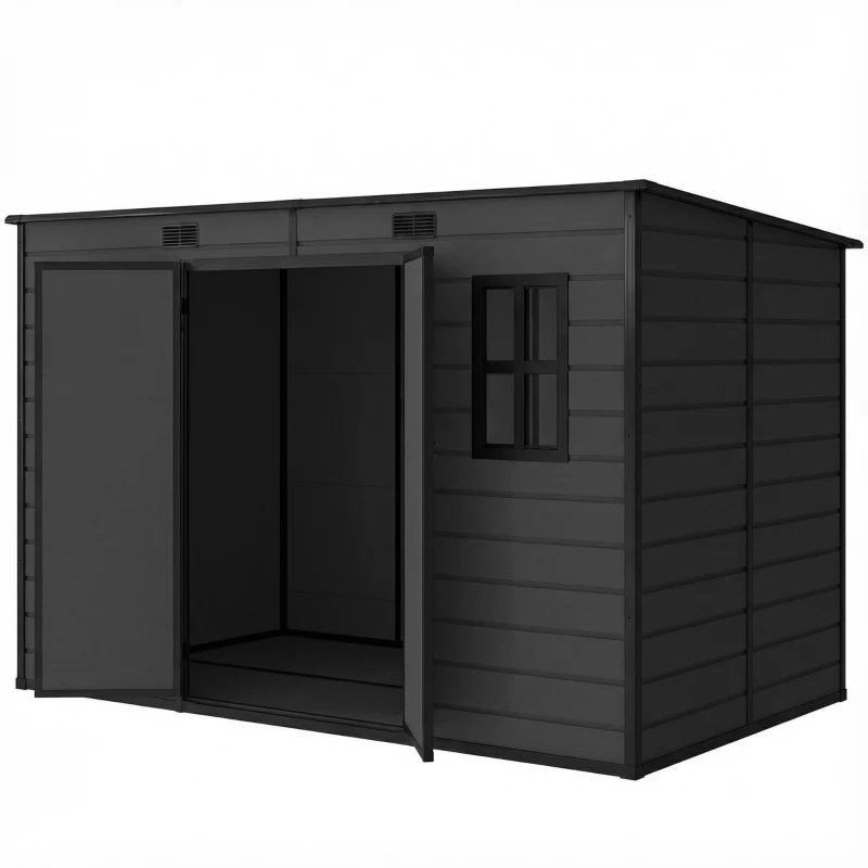 Outsunny 10 x 6 ft Resin Garden Shed, Outdoor Storage Shed with Floor, Windows, Lockable Doors and Vents, Dark Grey