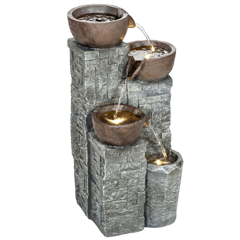 Outsunny 4-Tier Outdoor Fountain, Cascading Waterfall, Garden Fountain with LED Lights, Adjustable Flow, Grey and Rustic Brown