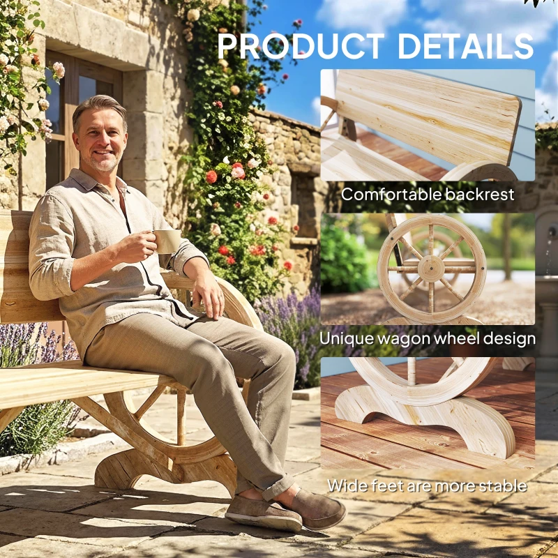 Outsunny Fir Wood 2-Seater Outdoor Garden Wagon Wheel Bench, Natural Wood Finish