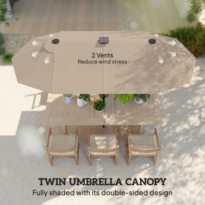 Outsunny Podwójny parasol 292 x 150 cm, parasol z oświetleniem LED, korbka, regulacja kąta, Khaki