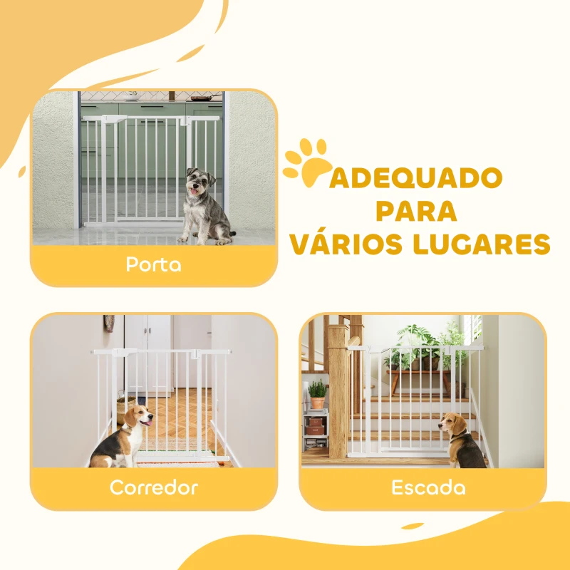 PawHut Barreira de Segurança para Crianças e Cães Largura 76-103 cm Bloqueio Duplo Fecho Automático Abertura em Dois Sentidos e Extensões de 7/14 cm Branco