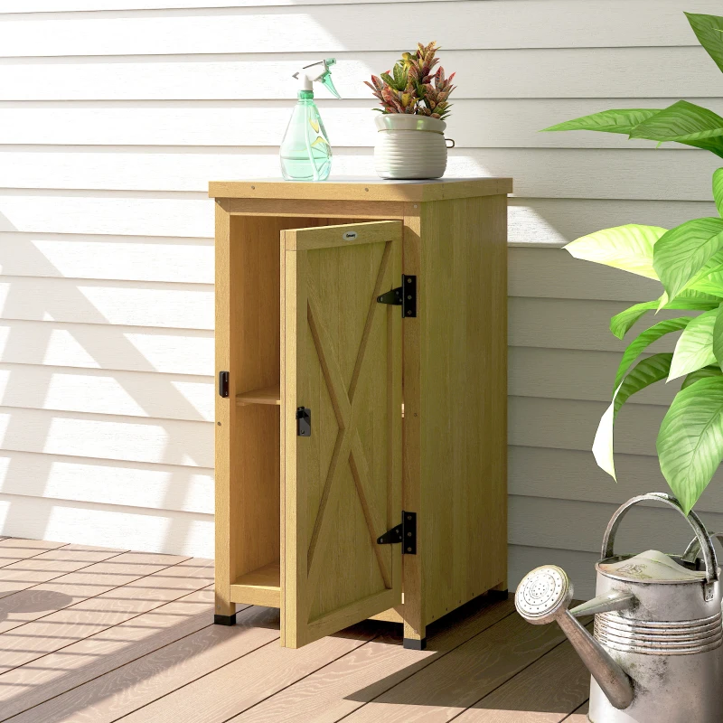 Outsunny Wooden Garden Shed, Garden Tool Storage Shed with Metal Top and Shelf, Light Brown