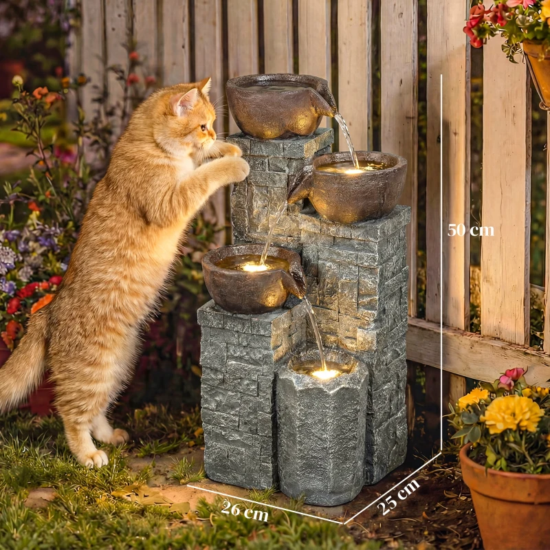 Outsunny 4-Tier Outdoor Fountain, Cascading Waterfall, Garden Fountain with LED Lights, Adjustable Flow, Grey and Rustic Brown