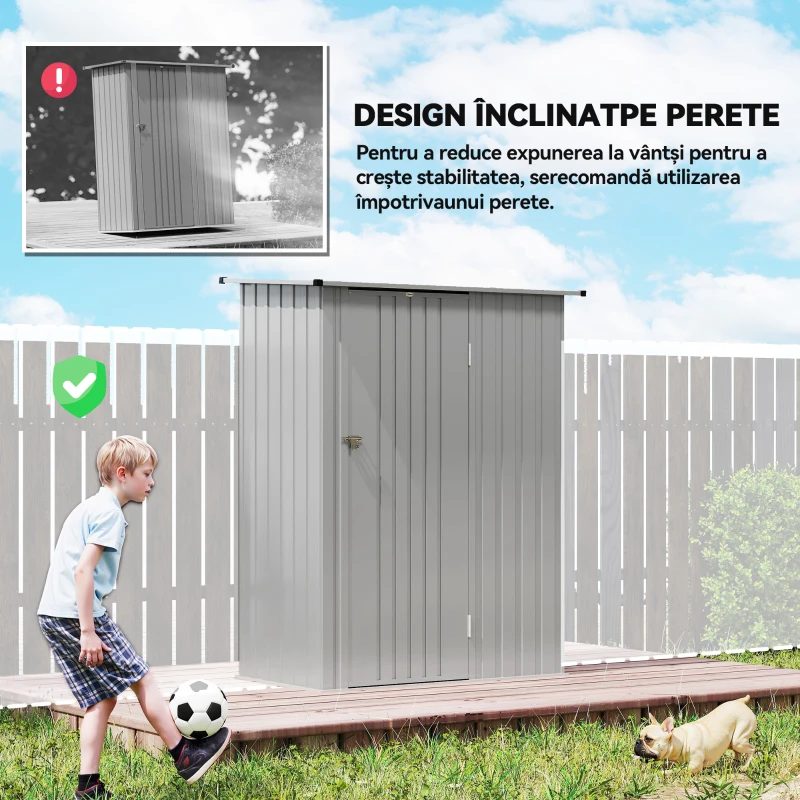 Outsunny Căsuță pentru Grădină 1,07m² din Oțel Galvanizat, Căsuță pentru Unelte cu Ușă Blocabilă, Acoperiș Înclinat, 142x86x189 cm, Argintiu