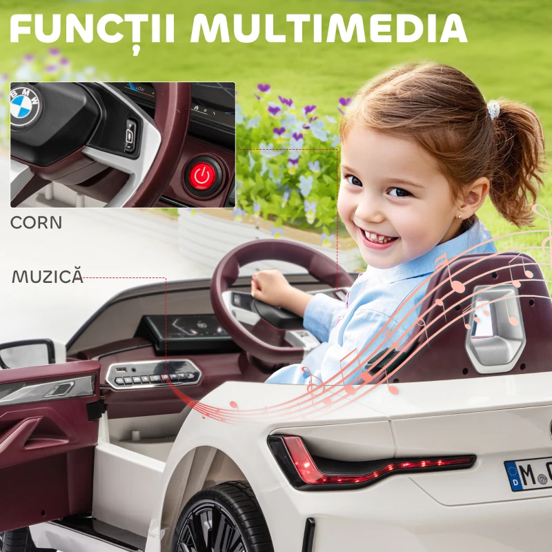 HOMCOM Mașină Electrică pentru Copii 3-6 Ani cu Licență BMW, cu Telecomandă, Claxon și Faruri, 115x67x45 cm, Albă(m-7)