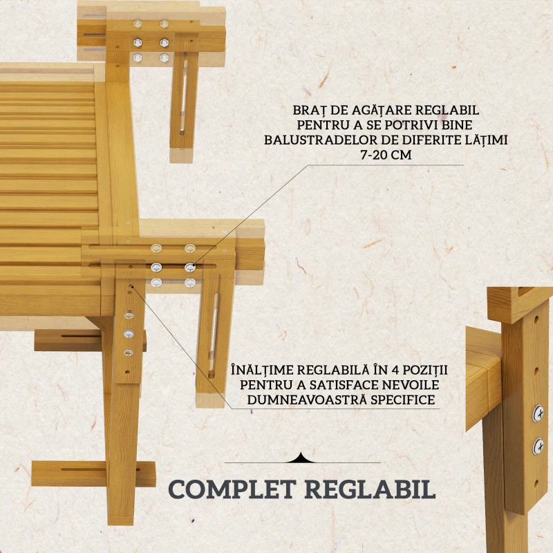 Outsunny Masă Suspendată de Exterior, Masă Reglabilă pentru Balustradă, Blat Suport cu Montare pe Perete, 68x65x40,5-55 cm, Tec