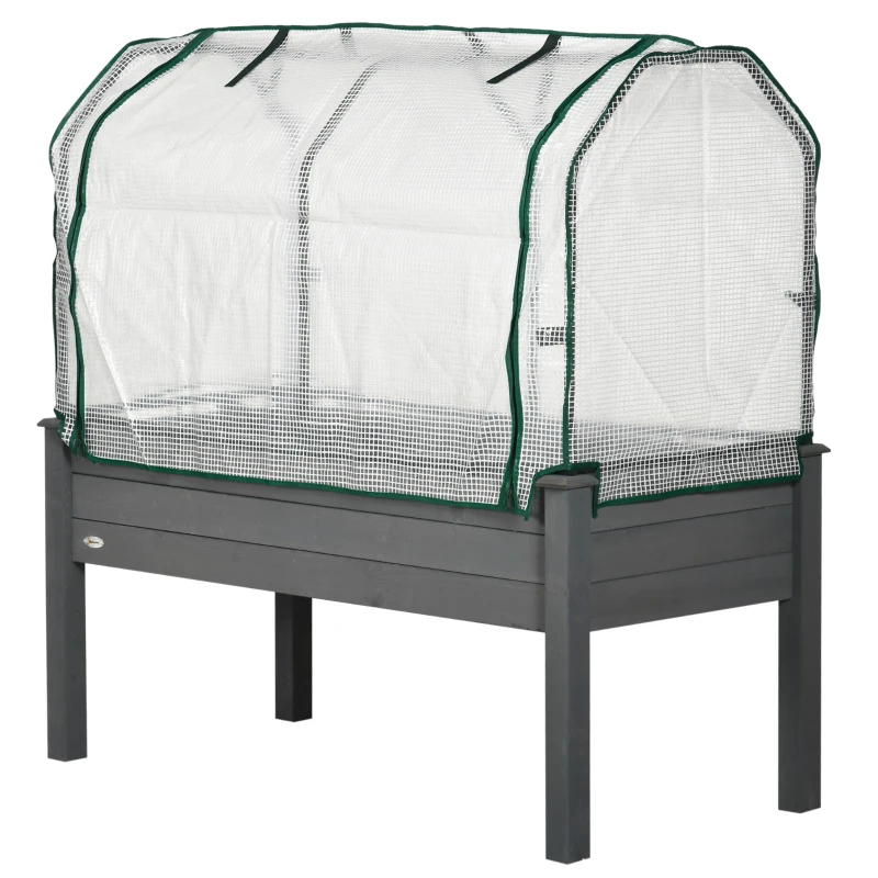 Outsunny Pat pentru Grădină Ridicat cu Acoperiș din PE, Jardinieră Ridicată din Brad cu 4 Găuri de Drenaj, pentru Flori și Legume, pentru Grădină, Balcon, 121x55x117 cm, Gri Închis