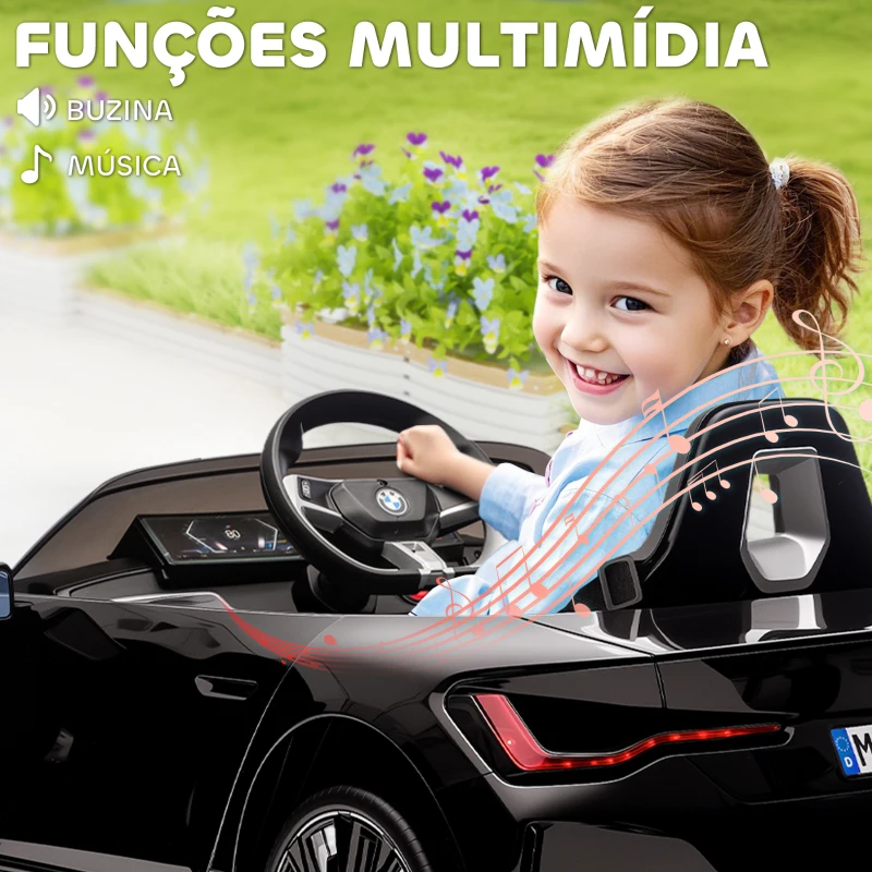 HOMCOM Carro Elétrico para Crianças BMW i4 12V com Controlo Remoto Música MP3 Ecrã Luzes e Cinto de Segurança 115x67x45 cm Preto
