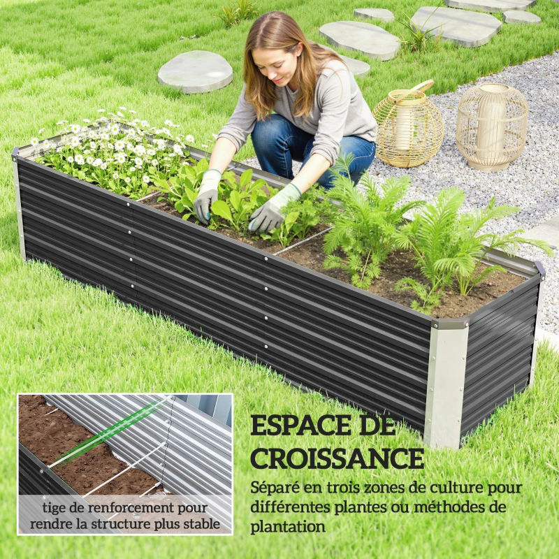 Outsunny Jardinière surélevée en acier avec gants, carré potager de jardin pour fleurs, herbes, légumes, 183 x 47 x 40 cm, gris