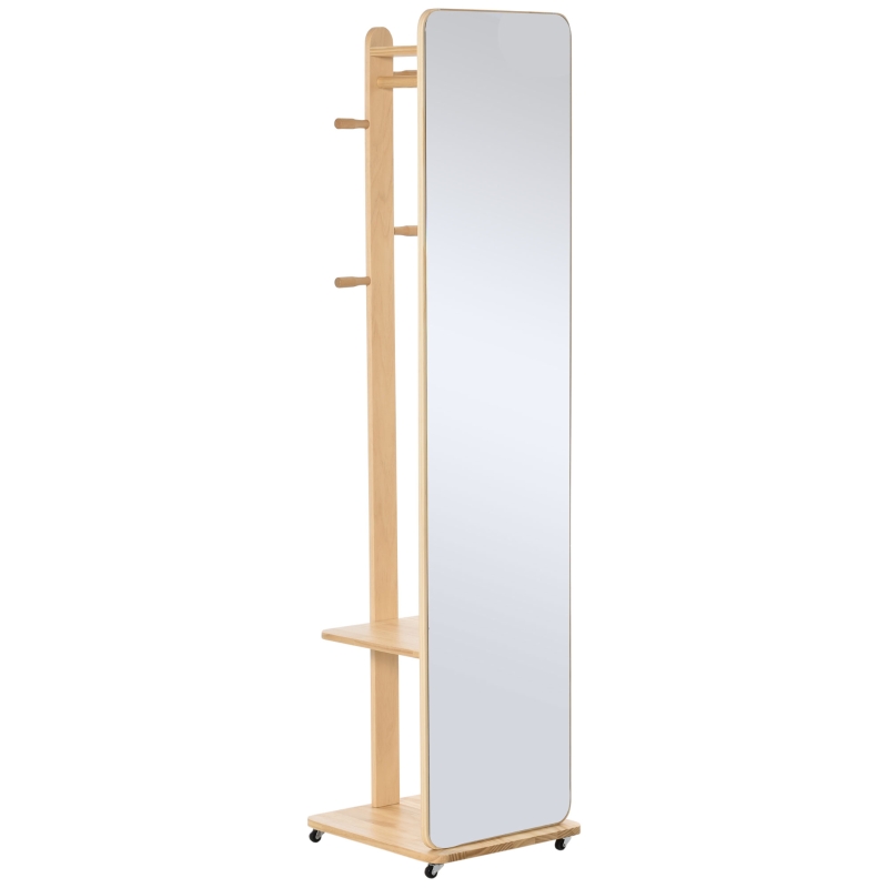 HOMCOM Miroir sur Pied avec roulettes - Portant, 4 patères étagère MDF Aspect Bois Clair